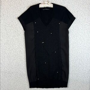 All Saints Panel Silk Wool Sweater Dress Tunic Sz 4 Grey Black Short Sleeve Mini